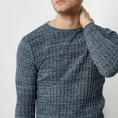 Blue ribbed crew neck knit jumper